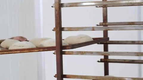 Unbaked bread lying on baking tray is loaded to the metal cart for oven by baker Stock Footage 153468969