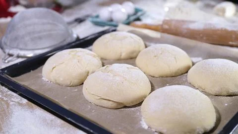 Unbaked Bread Rounds Ready For Proofing Process And Shaping Step Stock Photos