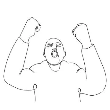 An unbalanced bald man with a crazy look and raised fists drawn in one cont.. Stock Illustration