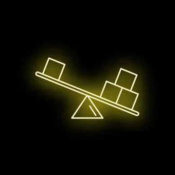 Unbalanced scale weighing different items yellow neon icon Stock Illustration