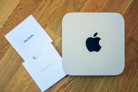 Unboxed Apple Mac Studio in silver finish Stock Photos