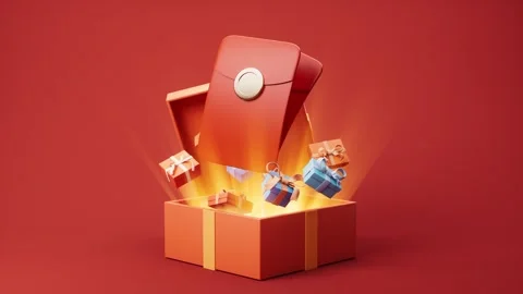 Unboxing magical gift box with flying red envelopes and presents on vibrant.. Stock Footage 332386041