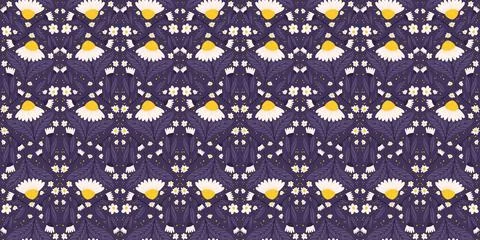Unbroken Seamless pattern highlighting daisies in midnight violet. Chamomil.. Stock Illustration