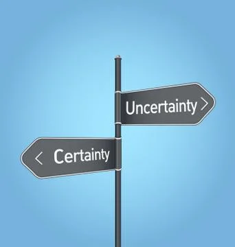 Uncertainty vs certainty choice road sign on blue background 스톡 일러스트