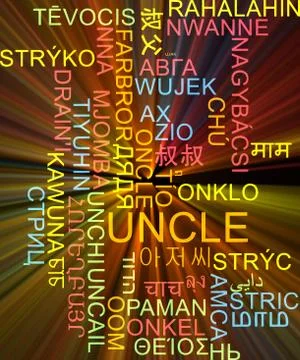 Uncle multilanguage wordcloud background concept glowing Stock Illustration