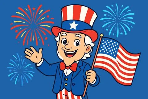 Uncle sam cartoon character with fireworks and flag Stock Illustration