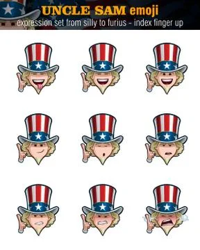 Uncle Sam Emoji - Expression Set from Silly to Furious - Index Finger Up Stock Illustration
