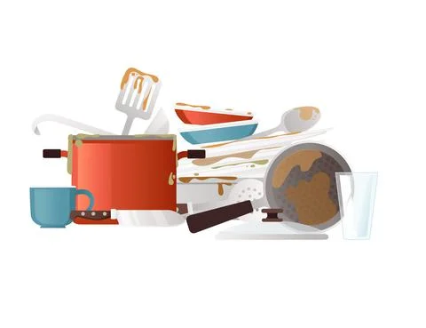 Unclean dirty stack of kitchen dishware and utensils vector illustration on Stock Illustration