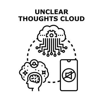 Unclear mind thoughts connecting with cloud technology and digital silence Illustrazione stock