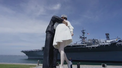 Unconditional Surrender statue and a military ship Stock Footage 86791648