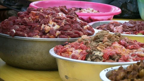 Uncooked and cooked meat kept on meat Stock Footage 89071280