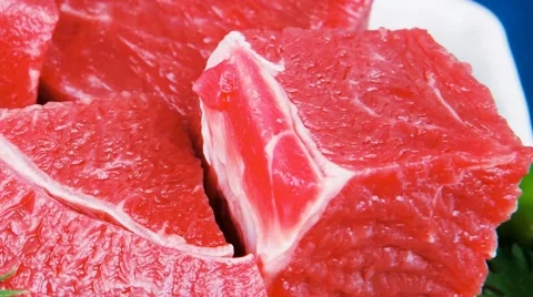 Uncooked fresh beef meat chunks on white bowls 스톡 동영상 48667102