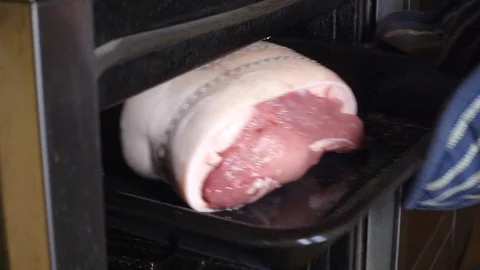 Uncooked joint of pork being placed on a shelf in a hot oven to cook. Stock Footage 119686250