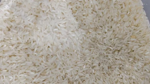 Uncooked long-grain white rice appearing to fall on top of a pile of other rice Stock Footage 304097060