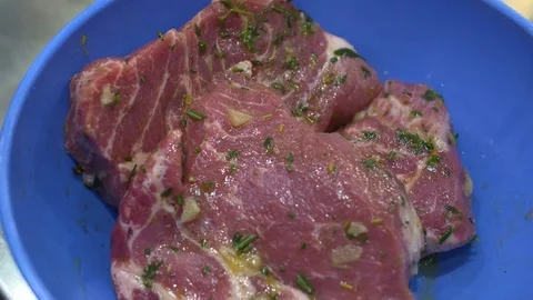Uncooked meat : raw fresh beef pork rib and fillet steak Stock Footage 82611250