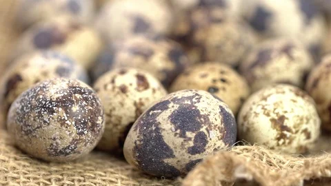 Uncooked quail eggs on burlap cloth. Rotating and closeup Stock Footage 87815081