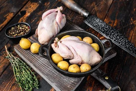 Uncooked raw quails ready for cooking in a pan. Dark wooden background. Top view Stock Photos
