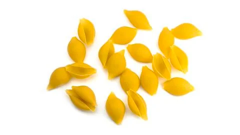 Uncooked shell pasta on white background. View from the top. Stock Photos