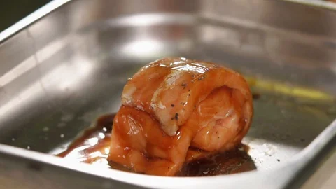 Uncooked slice of fish covered with sauce Stock Footage 86447013