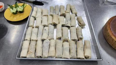 Uncooked Vegetable Spring Rolls Arranged on a Tray in a Professional Kitchen Stock-Fotos