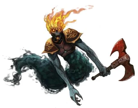 Undead ghost creature wearing armor and holding an axe flying through the air Stock Illustration