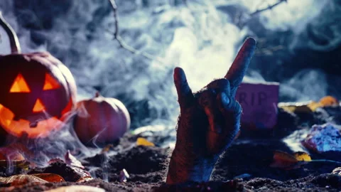 Undead zombie musician hand dancing rock fingers. Rock'n'roll gesture. Halloween Stock Footage 253997635
