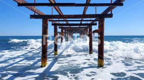 Under the abandoned pier. Stock Photos