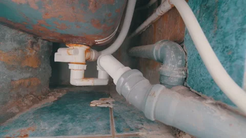 Under Bathtub Drain Pipes Close-Up: Rusty Joints, White PVC and Gray Plastic Stock Footage 334041904