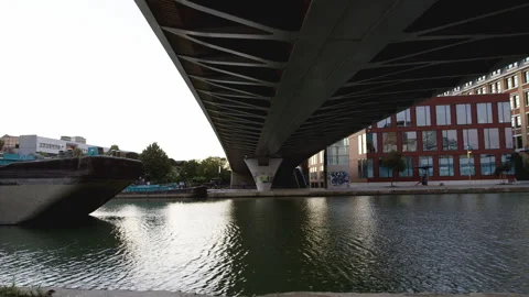 Under a bridge at Canal de Saint-Denis in the 19th arrondissement, Paris Stock Footage 305236088