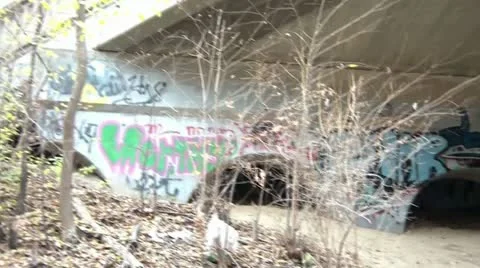 Under Bridge with Graffiti to Railroad 스톡 동영상 12609862