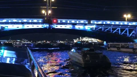 Under The Bridge On Neva River at Night, Saint Petersburg, Russia Stock Footage 135676502