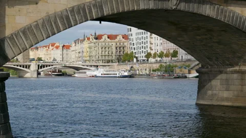 Under bridge view of prague center Stock Footage 253416893