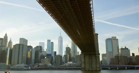 Under The Brooklyn Bridge With The Iconic World Trade Centre On Hudson River  Stock Footage 112227422