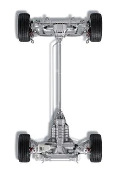 Under carriage technical 3 D rendering, of a generic sedan contemporary car. Stock Illustration