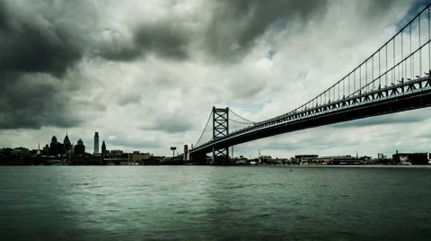 Under cloudy sky,the famous Benjamin Franklin Bridge, Philadelphia, USA Stock Footage 61872781