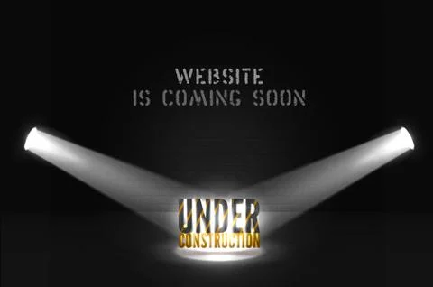 Under construction 3d text in spotlights on dark background. Web page poster Stock Illustration