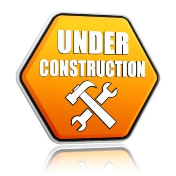 Under construction and tools sign yellow hexagon banner Stock Illustration