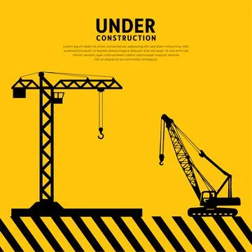 Under construction background with silhouette of tower crane and machine Stock Illustration