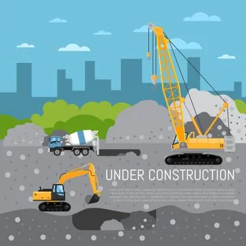 Under construction banner with machinery Stock Illustration