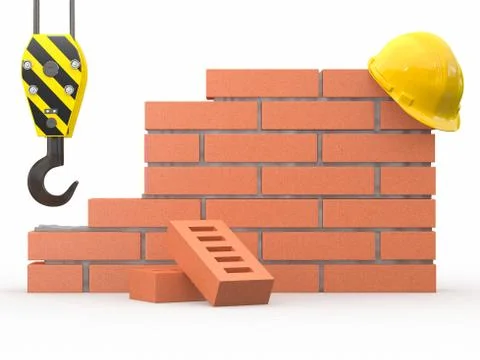 Under construction. brick wall, crane and hardhat. 3d Stock Illustration