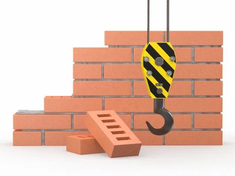 Under construction. brick wall, crane and hardhat. 3d Illustration