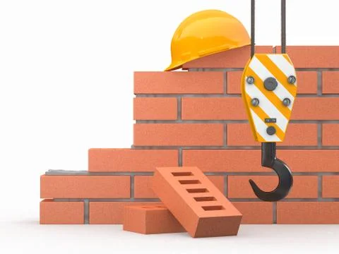Under construction. brick wall, crane and hardhat. 3d Stock-Illustration