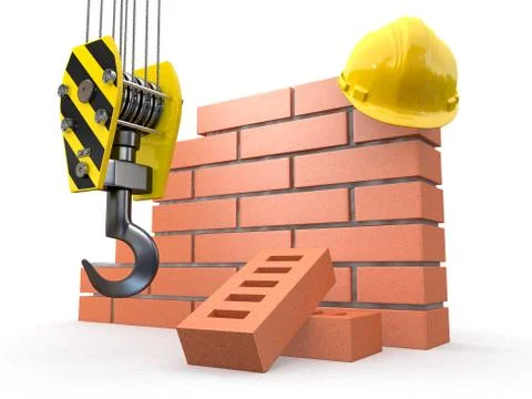 Under construction. brick wall, crane and hardhat. 3d Stock Illustration