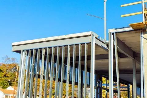 Under construction, a building office is framed by metal structures of steel Photos