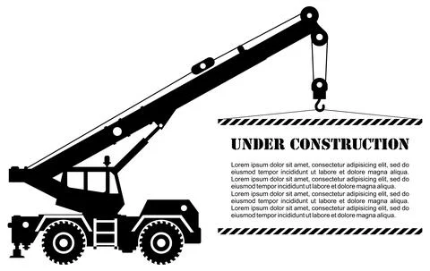 Under construction concept. Silhouette of crane truck with poster. Stock Illustration