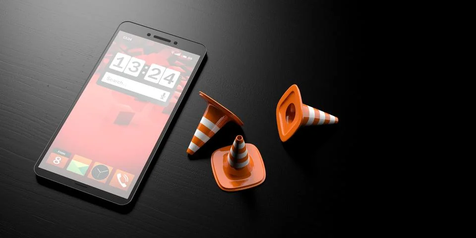 Under construction concept. Traffic cones next to a smartphone. Warning app o Stock Illustration
