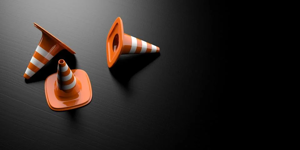 Under construction concept.Three traffic cones on black wooden background, ba Stock Illustration
