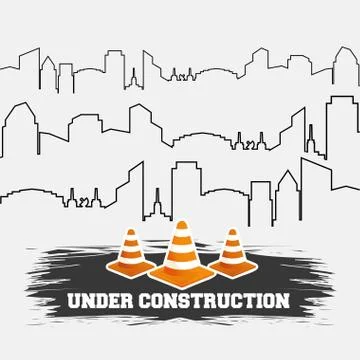 Under construction cones road with building thin line Ilustración de archivo