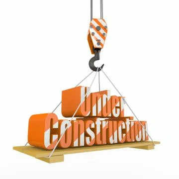 Under construction. crane lifts the text on white background. 3d 스톡 일러스트