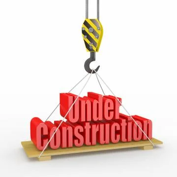 Under construction. crane lifts the text on white background. 3d Illustrazione stock
